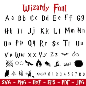 Op de afbeelding: Een zwart-wit Wizardy Font alfabet- en nummerset. Het lettertype bevat hoofdletters en kleine letters, samen met verschillende thema-iconen en het woord "Always". De afbeelding bevat ook bestandstype-opties.