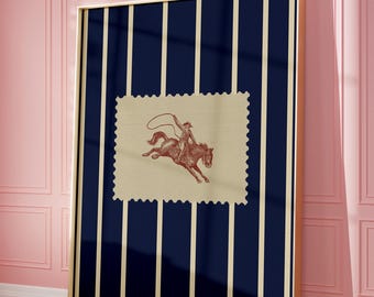 Stampa vintage a righe con motivo rodeo, stampa western per camera da letto, decorazione murale da cowboy, arredamento rustico moderno di metà secolo, stampa retrò con cavalli, download digitale