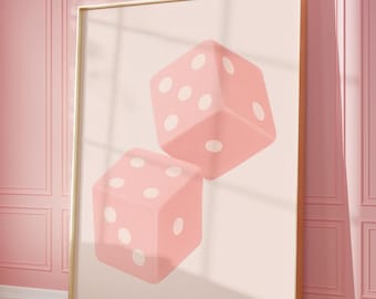 Dadi rosa da parete, stampe digitali da scaricare, poster "Feeling Lucky", arte murale retrò, arte murale retrò alla moda, Lucky Seven, dormitorio rosa