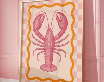 Poster aragosta Arte murale alla moda Arte murale costiera Poster cucina Arte murale estiva europea Arte sala da pranzo Decorazione per la casa Poster rosa Stampa di frutti di mare