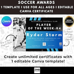 Puede incluir: Una plantilla de certificado de premio de fútbol con el texto "SOCCER AWARDS" y "PLAYER OF THE WEEK". El certificado presenta una foto de un jugador de fútbol y el nombre "Ryder Storm". Incluye un logotipo de Canva y el texto "¡Crea certificados ilimitados con 1 plantilla de Canva editable!"