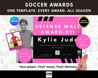 Editable Soccer Certificate Template: Defensive Wall Award (Canva, Digital Download