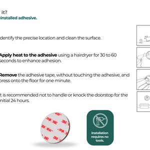 May include: Diagram illustrating the installation steps for a product with preinstalled 3M adhesive. Instructions include cleaning the surface, applying heat, removing tape, and pressing onto the floor. A circular adhesive pad and a green icon with text are also shown.