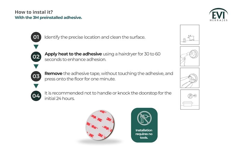 May include: Diagram illustrating the installation steps for a product with preinstalled 3M adhesive. Instructions include cleaning the surface, applying heat, removing tape, and pressing onto the floor. A circular adhesive pad and a green icon with text are also shown.
