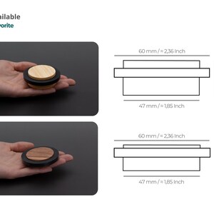 May include: Wooden cabinet knobs with a black base and a light wood top. The knobs are available in two heights, 22 mm (0.87 inch) and 16 mm (0.63 inch). The knobs are 60 mm (2.36 inches) wide and 47 mm (1.85 inches) deep. The text "2 Heights Available Choose your favorite" is visible.