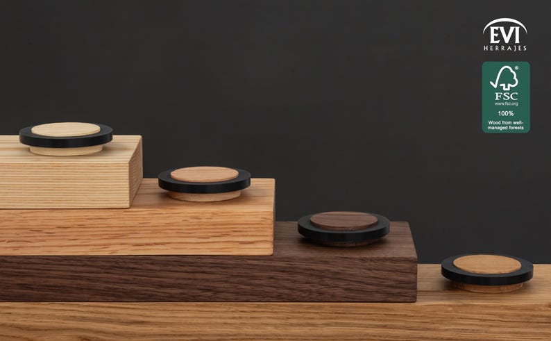 Pure Solid Wood Doorstop Made with the Grain (Ø47mm ≈ 1.85in). 2 Heights available in Walnut, Oak, Red Oak and Ash, I-M302 EVI Herrajes image 9