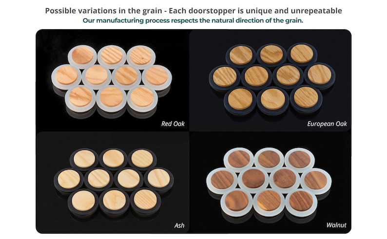 May include: A collection of doorstoppers made from different types of wood, including Red Oak, European Oak, Ash, and Walnut. Each stopper has a circular wooden top and a contrasting base. The text states that each doorstopper is unique.