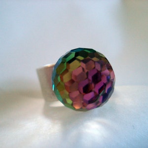 RARE Vintage SWAROVSKI Rainbow Watermelon Vitrail Fireball Sterling Silver Plated Adjustable (5-10) 14mm Rainbow Pride Disco Prism Ball Ring