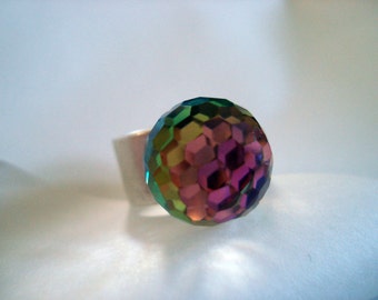 RARE Vintage SWAROVSKI Rainbow Watermelon Vitrail Fireball Sterling Silver Plated Adjustable (5-10) 14mm Rainbow Pride Disco Prism Ball Ring