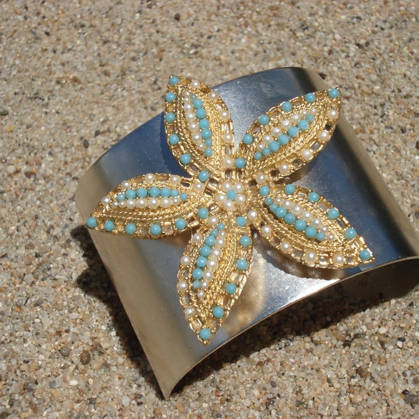 Vintage One-of-a-kind Beach Sea Silver Pearl and Turquoise Starfish Cuff Bracelet