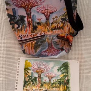 Super Tree @ Gardens by the Bay Tote Bag, Watercolour Hand painted Singapore Travel Eco-Friendly Reusable Shoulder Bag