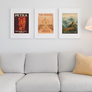Ancient Wonders Poster Set – Taj Mahal, Petra & Great Wall of China (Vintage Travel Prints, Digital Download)
