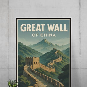 GREAT WALL of CHINA – Vintage Travel Poster with Mountain Landscape and Historic Wall