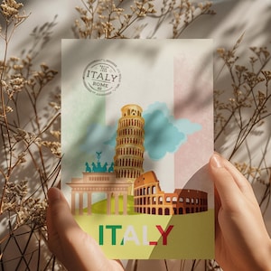 Italy Postcard – Rome Souvenir Card, Colosseum Pisa Leaning Tower Travel Print, Vintage Italy Art