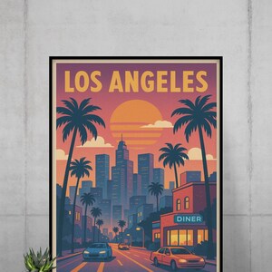 Los Angeles Poster - Retro Reise-Druck | Digitaler Download Wandkunst von LA Skyline, Palmen & Sonnenuntergang Straßenleben