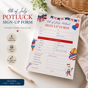 Pode incluir: Um formulário de inscrição para um potluck de 4 de julho com gráficos patrióticos em vermelho, branco e azul, incluindo bandeirolas, balões, um sorvete, um cachorro-quente e um ganso. O documento contém campos para nome, e-mail e convidados.