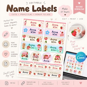 Pode incluir: Uma folha de modelo digital de etiquetas de nome editáveis com vários designs retangulares e circulares com ilustrações de morangos, animais e flores. As etiquetas incluem o nome Anna Kim e texto, exibidos em um fundo branco.