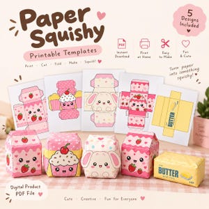 Puede incluir: Un archivo PDF digital que contiene plantillas imprimibles para cinco diseños de squishies de papel. El conjunto incluye patrones con temática de fresa, un cupcake, un conejo y una barra de mantequilla, con ejemplos terminados al frente.