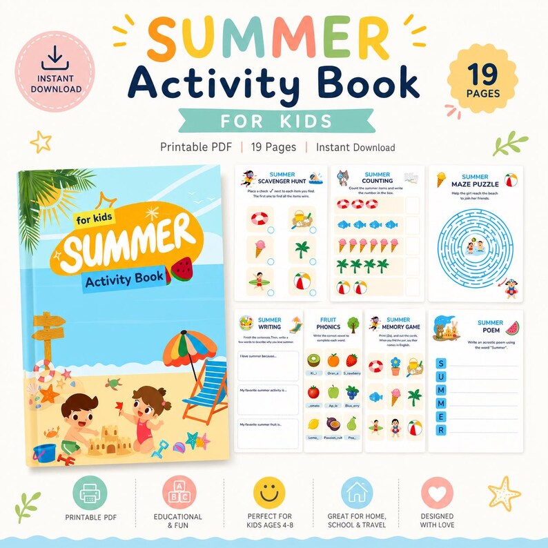 Summer Activity Book for Kids Printable PDF, Preschool Worksheets ...