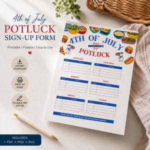 Puede incluir: Un formulario de registro para una comida compartida del 4 de julio con secciones para aperitivos, platos principales, postres, acompañamientos, bebidas y otros. Incluye ilustraciones de comida, un pollo con bandera y el texto 4th of July Potluck.