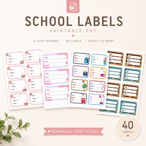 Puede incluir: Un conjunto de etiquetas escolares imprimibles en formato PDF que incluye 40 pegatinas individuales en cuatro diseños distintos. Las etiquetas incluyen campos para nombre, asignatura y clase, decoradas con gráficos de temática escolar.