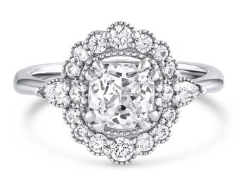 Melody Cushion Diamond Engagement Ring | Lab-Grown Diamond, Moissanite White Gold Platinum | Edwardian Vintage Ring | Cluster Statement Ring