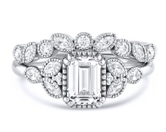 Elle Diamond Cluster Engagement Ring & Contour Nesting Band | Emerald Natural, Lab-Grown Diamond or Moissanite | White Gold | Edwardian