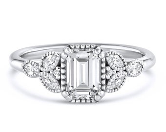 Elle Diamond Cluster Engagement Ring | Emerald Cut Natural, Lab-Grown Diamond or Moissanite | Platinum White Gold | Edwardian Vintage Design