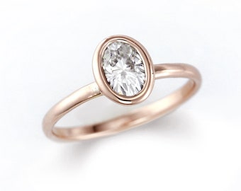 Oval Moissanite Engagement Ring with Low Profile Bezel Setting | Soft Matte Finish | Rose Gold, Solid Gold Ring | Dainty Ring, Promise Ring