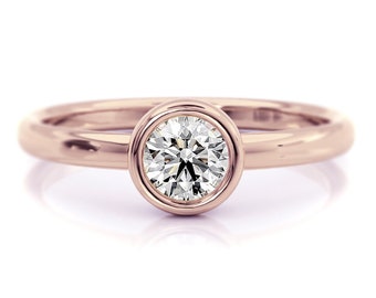 Rose Gold Moissanite Bezel Engagement Ring | Round Solitaire Ring | Lab-Grown Diamond Ring | Gift for Girlfriend, Promise Ring Modern Bridal