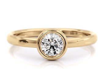 Bezel Moissanite Solitaire Engagement Ring | 14k Yellow Gold | Charles & Colvard, Lab Diamond | Proposal, Bridal, Anniversary Gift for Woman