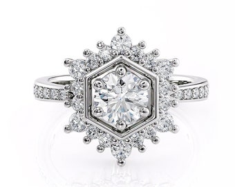 Hexagon Halo Diamond Engagement Ring | Low Profile Ballerina Ring | Art Deco Vintage Inspired Ring | Platinum, White Gold