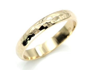 Gold Hammered Wedding Band | Hammer Finish, Water Texture | 3mm Wide Ring | Mens Ring, Womens Ring