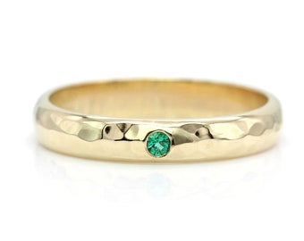 Emerald Wedding Band 14k Yellow Gold Hammered Ring - 3mm Wide Unisex Ring Mens Ring Womans Ring - May Birthstone Ring - Wedding Ring