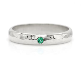 Emerald Wedding Band 14k Palladium White Gold Hammered Ring - 3mm Wide Unisex Ring Mens Ring Womans Ring - May Birthstone Ring Wedding Ring