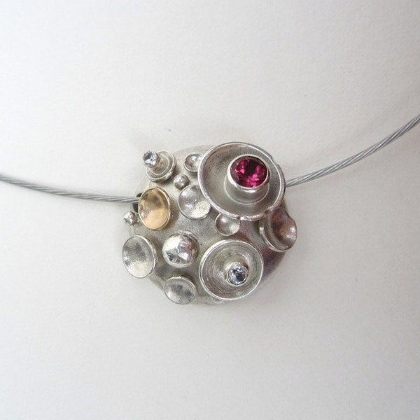 Ready to Ship - Sphere Crater Necklace/Pendant - Sterling with 14k Yellow Gold accent, Garnet and White Topaz Gemstones - OOAK Artwork