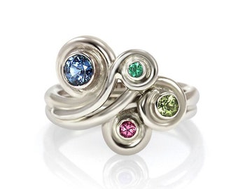 Mother's Ring Wave Ring with Natural Birthstones - Sterling Silver, 14k Palladium White Gold - Low Profile Family Ring, Grandmother's Ring