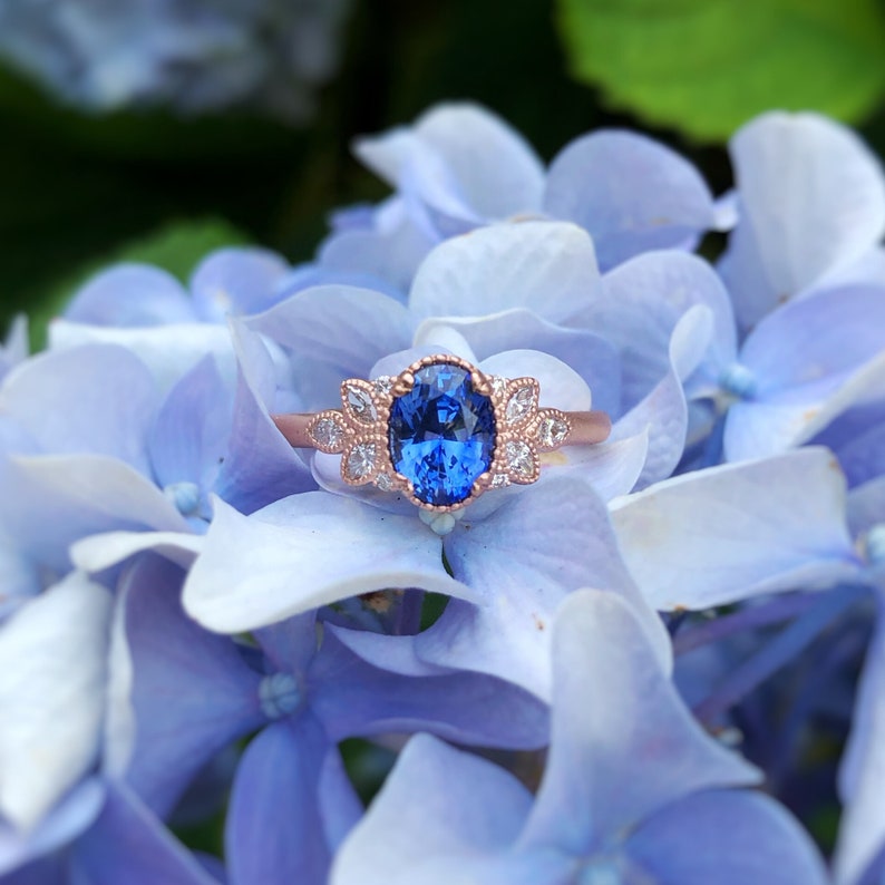 Oval Sapphire Engagement Ring Cornflower Blue, Rose Gold Anniversary, Wedding Ring Gift for Wife, Girlfriend Size 6 Ready to Ship image 1