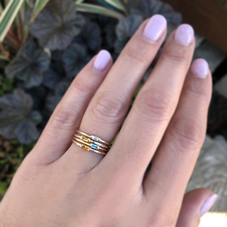 Stacking Mother's Rings Petite Baguette Birthstone Ring Minimalist Family Ring 14k, 18k Yellow Gold Promise Ring, Grandmothers Ring image 9