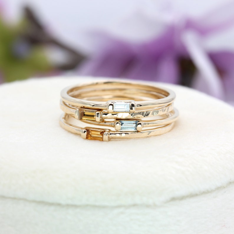 Stacking Mother's Rings Petite Baguette Birthstone Ring Minimalist Family Ring 14k, 18k Yellow Gold Promise Ring, Grandmothers Ring image 4