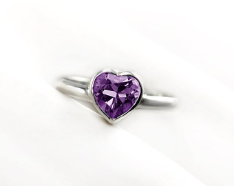 Purple Amethyst Heart Ring | Sterling Silver, 14k Palladium White Gold | Promise Ring, Anniversary Gift, Engagement Ring, Birthstone Ring