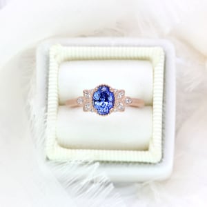 Oval Sapphire Engagement Ring Cornflower Blue, Rose Gold Anniversary, Wedding Ring Gift for Wife, Girlfriend Size 6 Ready to Ship image 10