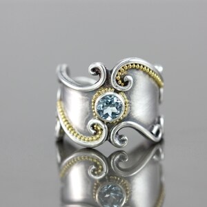 Size 7 - Soft Blue Aquamarine Gemstone Script Filigree Ring - Sterling Silver and 22k Yellow Gold - OOAK Wedding Engagement Promise Ring