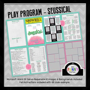 Könnte beinhalten: Eine Vorlage für ein Theaterprogramm für "Seussical" mit rosa und türkisfarbenem Farbschema. Das Programmheft enthält die Besetzung, die Crew und die Musiknummern. Die Vorlage ist mit Microsoft Word oder Canva kompatibel.