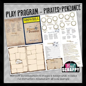 May include: A printable play program for a school production of "The Pirates of Penzance". The program includes a cast list, character descriptions, musical numbers, and production team credits. The program is designed to be printed on two pages and includes space for photos.