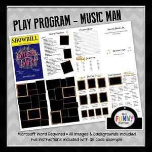 May include: A "Music Man" play program template with a showbill design. The program includes sections for musical numbers, creative team, cast, and special thanks. The design features a blue and gold colour scheme with a decorative border.