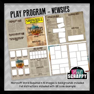 May include: A printable play program template for the musical "Newsies". The template features a vintage-style design with a showbill, cast list, musical numbers, and production team sections. The template is designed to be used with Microsoft Word.