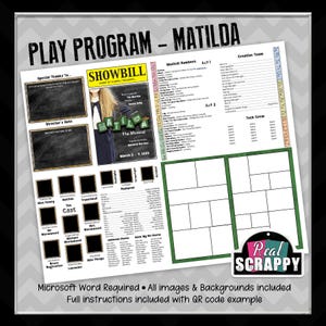 Peut inclure: Un modèle de programme de pièce imprimable pour la comédie musicale Matilda. Le modèle présente une image en noir et blanc de l'affiche de la comédie musicale, une section pour la distribution et l'équipe, et une section pour les numéros musicaux. Le modèle est conçu pour être utilisé avec Microsoft Word.