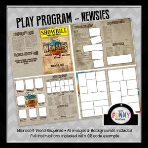 Könnte beinhalten: Eine Vorlage für ein Theaterprogramm namens "Newsies" mit einem "Showbill"-Design. Das Programm enthält Abschnitte für Musiknummern, Besetzung und Crew mit leeren Feldern zur individuellen Gestaltung. Das Design hat eine Vintage-Ästhetik mit dem Text "March 5-9, 2025".