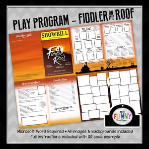 Peut inclure: Un modèle de programme de spectacle Fiddler on the Roof avec un thème coucher de soleil orange et noir. La mise en page comprend des sections pour le titre, le mot du metteur en scène, la distribution, les numéros musicaux et des espaces vides.